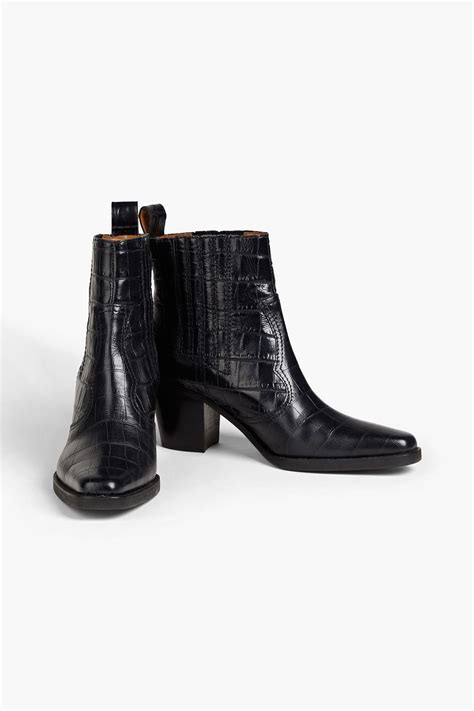 ganni croc effect leather ankle boots